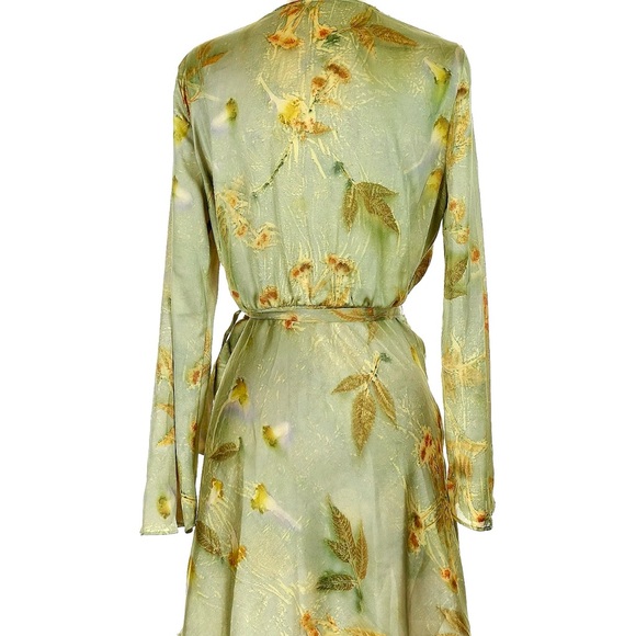 ZARA Pale Green Silk Wraparound Leaf Dress with Gold and Red Leaves - Picture 2 of 11